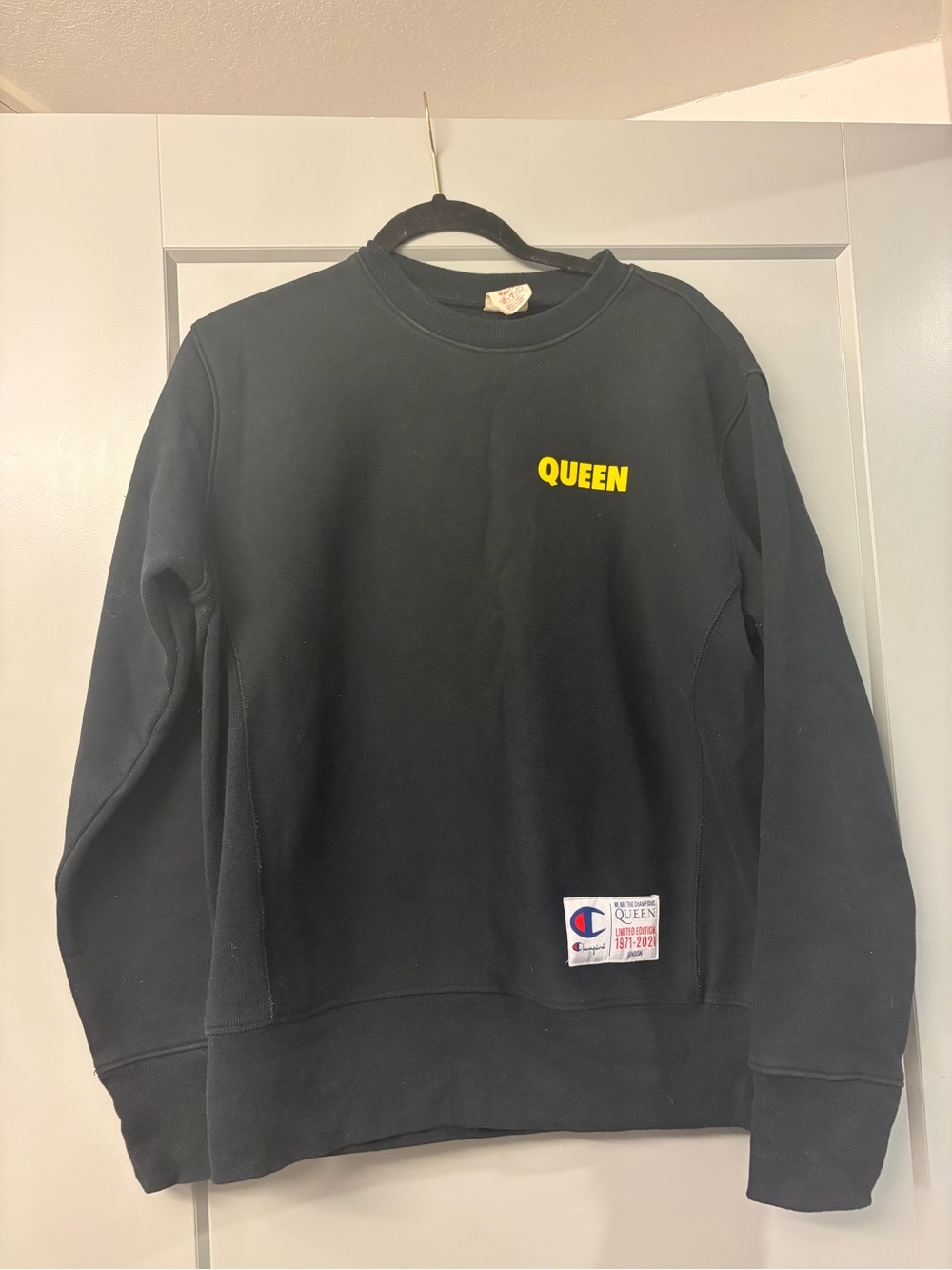 Champion Black Crewneck with Yellow "QUEEN" Chest Print